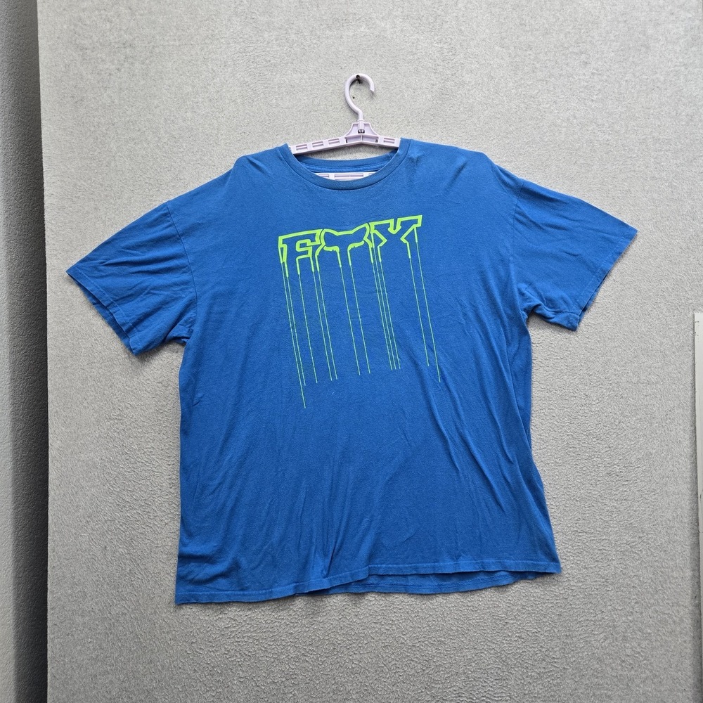 Fox Men Shirt XXL Blue Big Center Logo Spellout Graphic Tee Short Sleeve